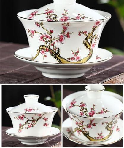 Image of YBK Tech 10oz Large Gaiwan, Porcelain Kung Fu Tea Cup and Saucer with Lid, Chinese Traditional Gaiwan, Sancai Tea Bowl - Embossed Plum Patterns (White)