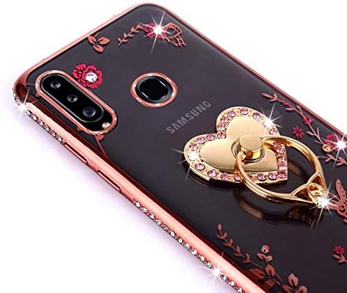 CaseHaven for Samsung Galaxy A20S Case (Not Fit A20), Glitter Crystal Heart Floral Series - Slim Luxury Bling Rhinestone Clear TPU Case with Ring Stand for Samsung Galaxy A20S - Rose Gold