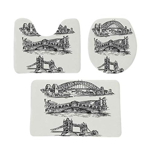 風景 玄関マット 便器の装飾 バスマット トイレマット 3点セット 有名な橋のスケッチヨーロピアンスタイルの歴史的建造物 防音 ラグマット 洗える おしゃれ 50*80cm アートアート ブラックホワイト