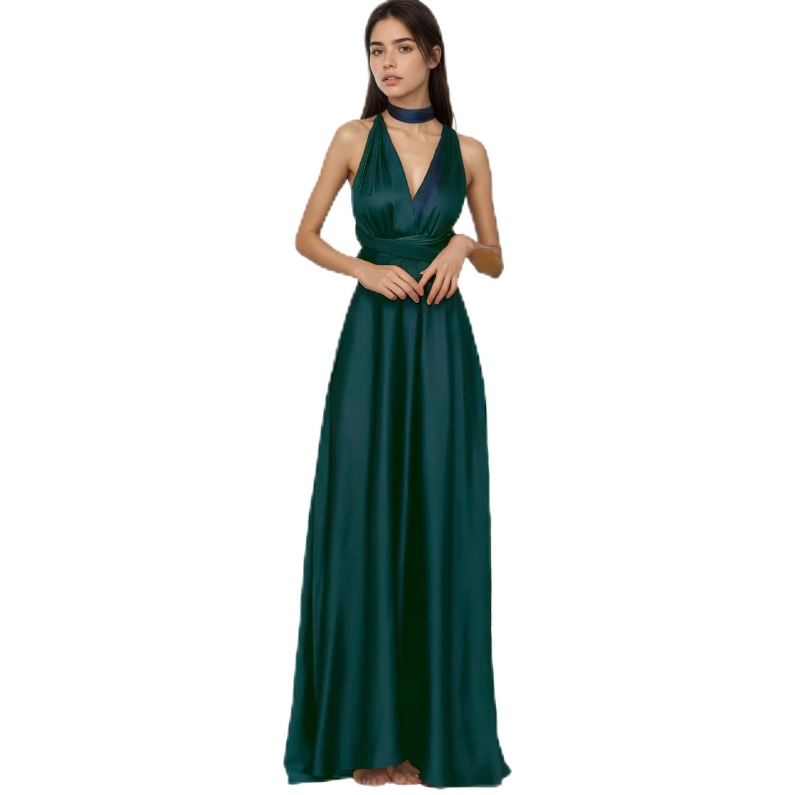 Mujer Elegante Cuello en V Profundo Satén Vestido de Noche Multi Way Vestido Cruzado Maxi Vestido de Fiesta