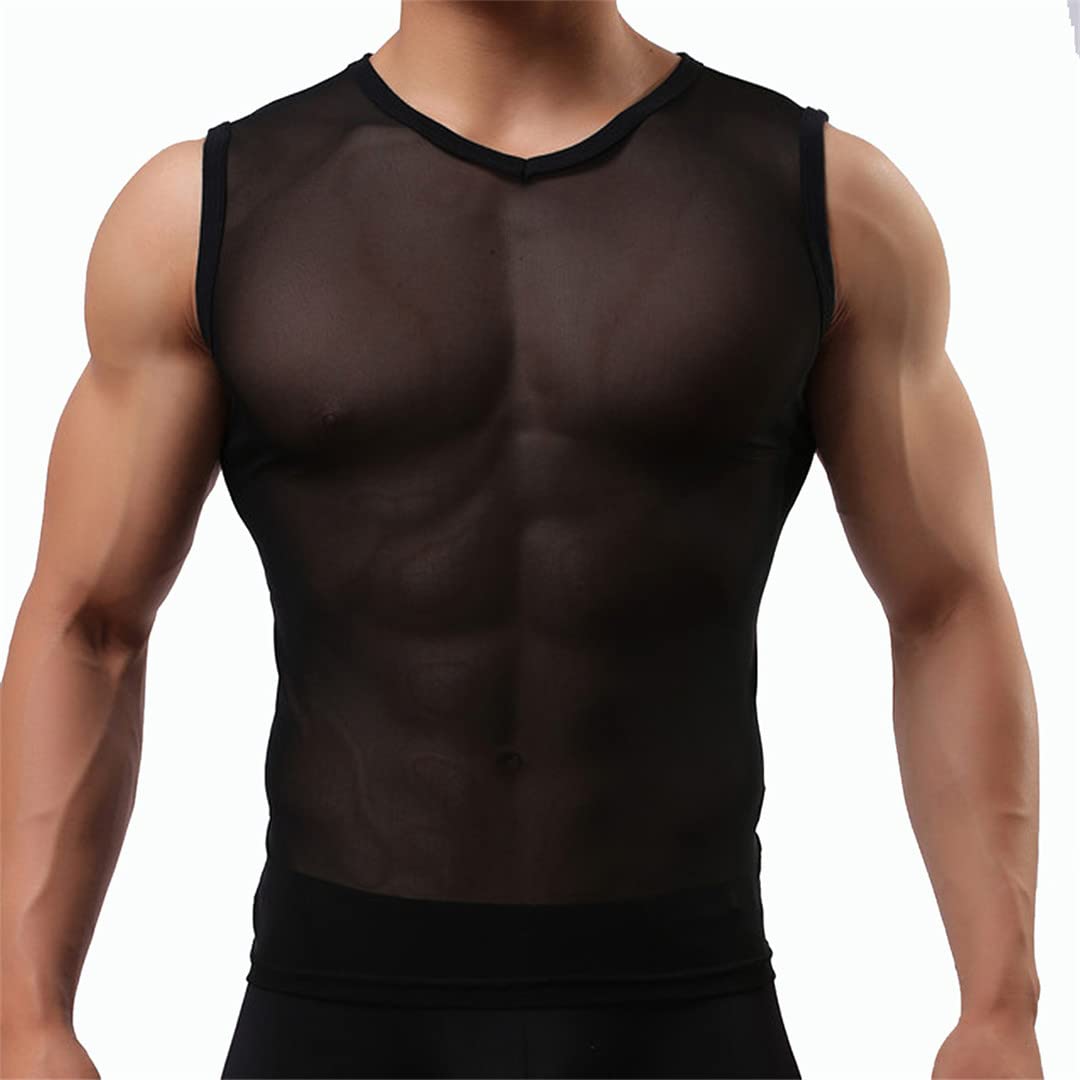 Uomini Sexy Mesh Vedere Attraverso T-Shirt Pigiameria Senza Maniche Top Intimo Maschio Undershirt Camicia Trasparente Colore L