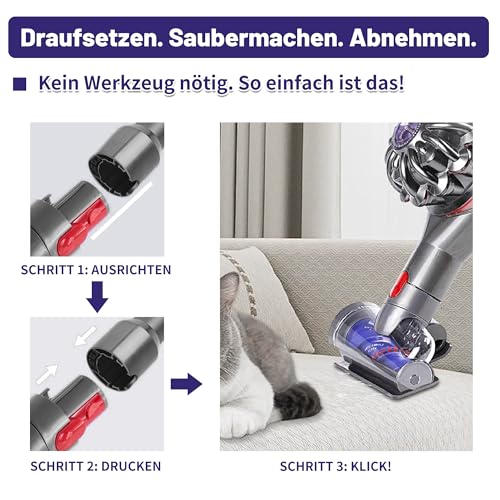 Upgrade Mini Elektrobürste für Dyson V7 V8 V10 V11 V15, Anti-Tangle Turbinendüse Aufsatz, Tierhaarbürste & Matratzenbürste, Staubsauger Zubehör Haardüse für Sofa, Auto, Polster & Teppich Reinigung