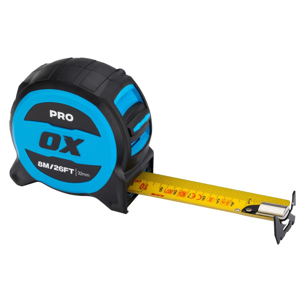 OX Pro 8m/26ft Tuff Blade Tape Measure Magnetic Dual Hook & 32mm Wide Blade, Blue / Black - Image 3
