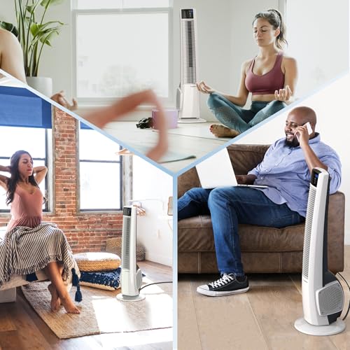 Image of Lasko T38400 Electric Oscillating Hybrid Tower Fan with Timer and Remote Control for Indoor, Bedroom and Home Office Use, White