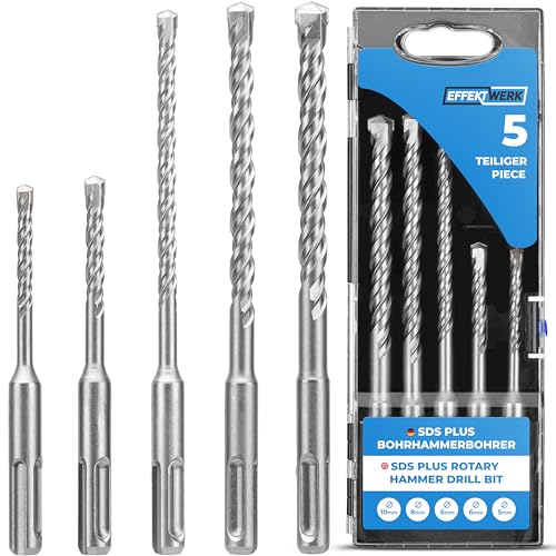 EffektWerk - 5-Pc Hammer Drill Bit Set - 5/6/6/8/10mm - Tungsten Tipped Carbide Drill Bits for Reinforced Concrete Brick & Stone Masonry - For Rotary Hammers & Impact Drills w/SDS Plus Shank