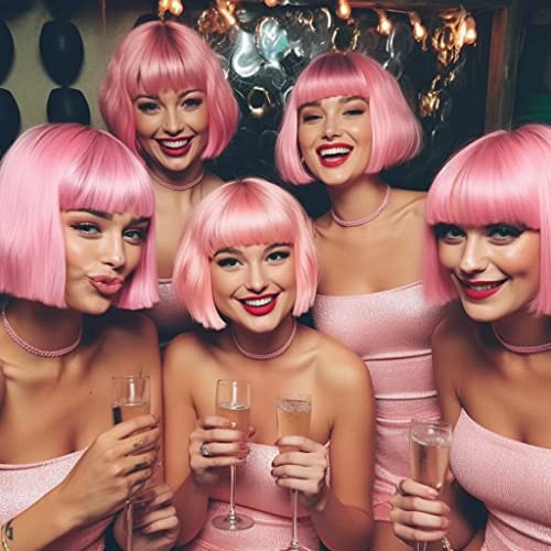 Image of LIULIUBTY Short Bob Hair Wigs Straight with Flat Bangs Synthetic Colorful Cosplay Daily Party Neon Wig for Women + Free Wig Cap 12 inch Natural As Real (Dusty Rose Pink)