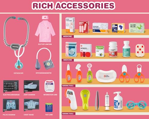 Doctor Kit for Toddlers - Deluxe Pretend Play Medical Cart Toy Set with Stethoscope ,Thermometer,Doctor Costume & Carry Bag - Educational Role Play Gift for Kids Boys & Girls Ages 3 4 5（Pink） - Thumbnail 6