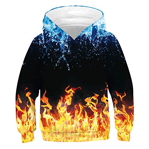 chicolife Cool 3D Pullover Hoodie Imprimer Bleu Rouge Reflection Flame Jumper Casual Manches Longues Filles Sweat Noir avec Grande Poche pour Party Street Wear XL