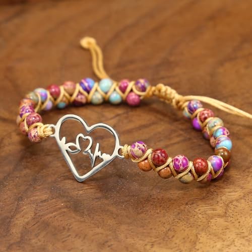 Image of Women Boho Wrap Bracelet,Handmade Natural Stone Crystal Emperor Beads Heart Bracelet, Fashion Bohemian Jewelry Gift for Women