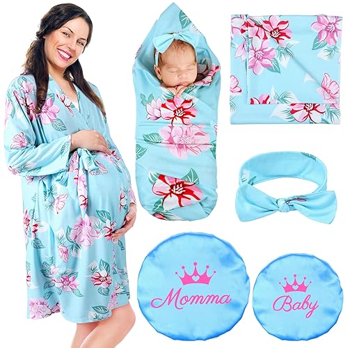 Image of Mepase 5 Pcs Mommy and Me Hospital Matching Outfits Maternity Robe Swaddle Blanket Baby Girl Boys Headband Hat for Mom Baby