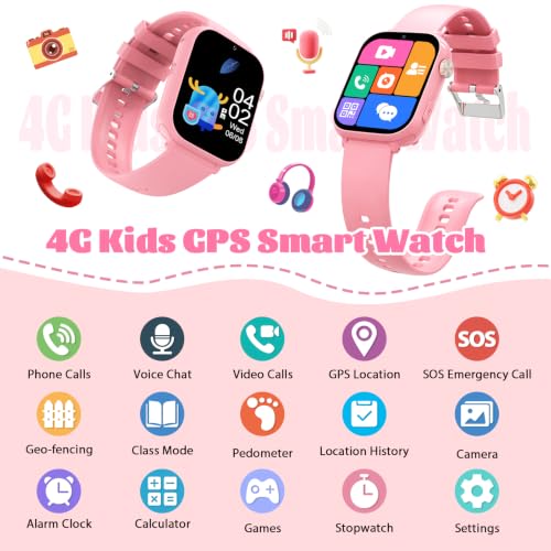 Image of 4G Kids Smart Watch for Boys Girls with GPS Tracker, SOS, Two Way Call Video Calling Voice Chat,School Mode, Alarm Clock,Safe Zones,Pedometer,Stopwatch,Games Children Smartwatch for 4-12 (4G Pink)