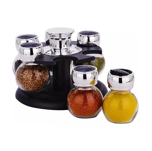 Conjunto 6 Porta Tempero de Vidro com Tampa Plástico e base Giratória Poli Preta 17cm x 11cm - Wolff