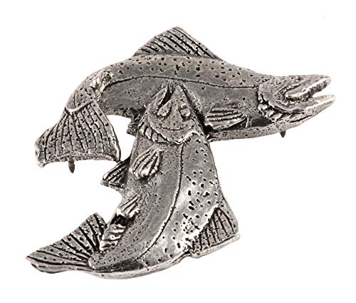 Coho Salmon, Fish Pin, Pewter, Leaping, Pair Silver Salmon, Fishing, Very Large Lapel Pin, Hat, Pins, Brooch, Gift, 100% Handmade in the USA, Over 200 Fish Designs. (#01 Pewter pin)