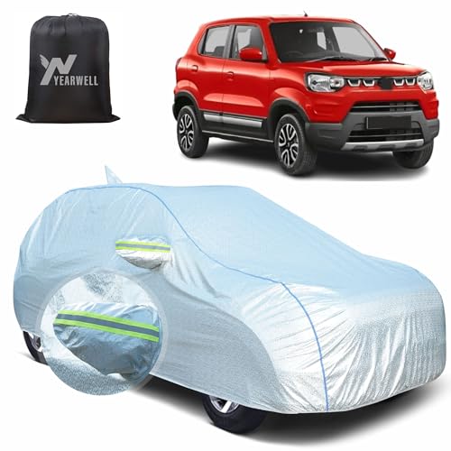 Image of Car Body Cover for Maruti Suzuki S presso, 100% Waterproof, Heat-Resistant with Mirror & Antenna Pockets, Soft Cotton Lining, Triple Stitched, Green Reflector (Reflective Silver)