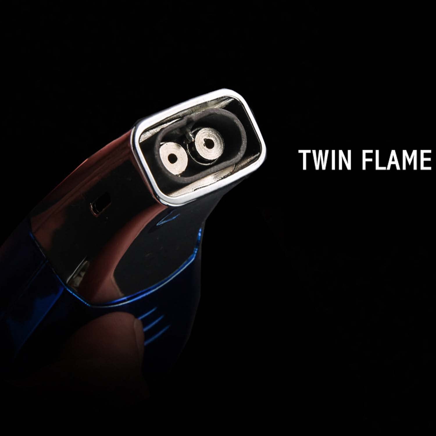 Briquet Torche Flamme à Double Jet Conception de Verrouillage de Sécurité avec Fenêtre Visible Portable Coupe-Vent Extérieur Bougie Briquet pour Barbecue de Camping (gaz Non Inclus)