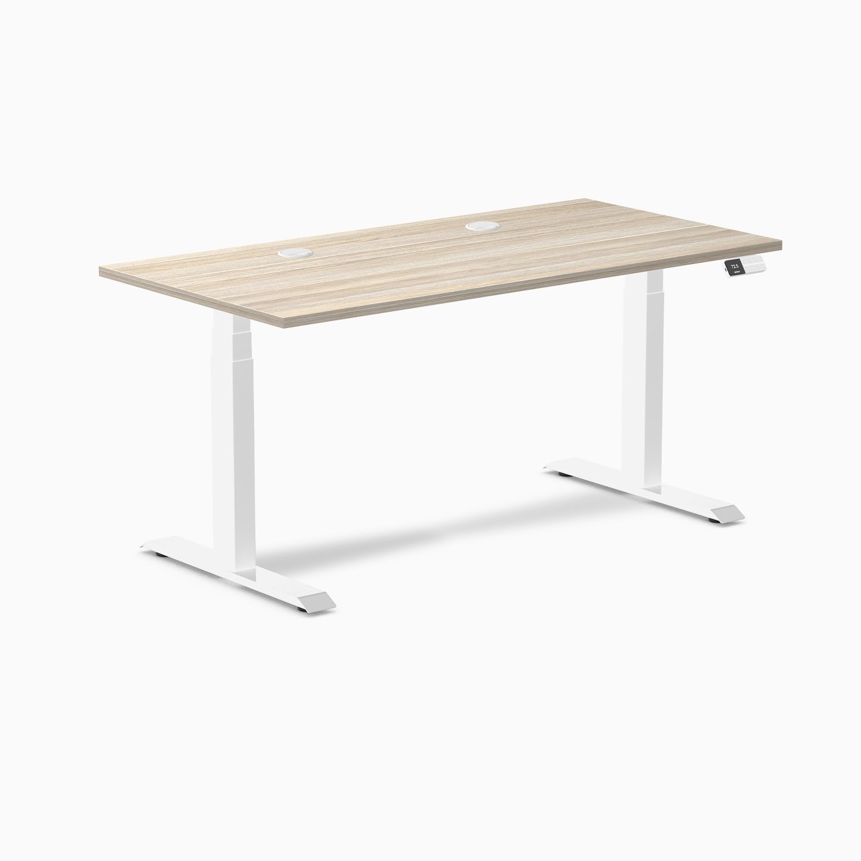 Desky Dual Laminate Sit Stand Desk Classic Oak 59.1" Grommets White