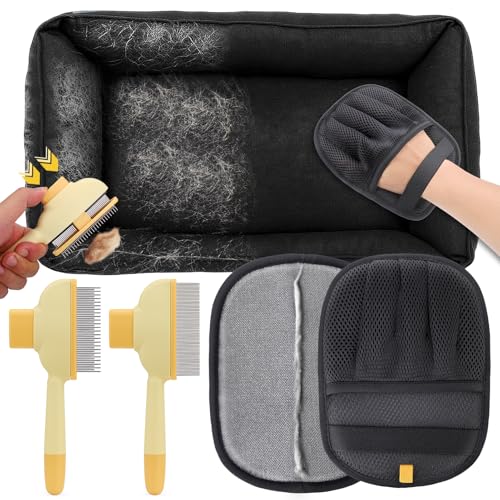 BABORUI Pet Hair Removal Glove - 2 Pack Five Finger Electrostatic Gloves Pet Hair with 2Pcs Flea Comb, Dog and Cat Hair Removal Tool for Furniture Car Couch Carpet Clothes