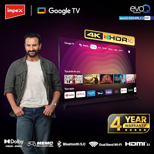 Image of Impex 65 Inch 4K UHD LED Google TV | evoQ 65S4RLC2 | Android 11 Version | Wi-Fi, Bluetooth, USB, HDMI | Storage Memory 16GB and 2 GB RAM | 4 Years Warranty