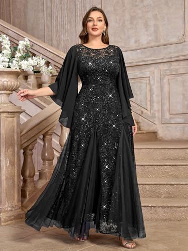 MISSMAY Women's Plus Size Sequins Lace with Ruffle Cape Cloak Sleeves Tulle Mermaid Hemline Evening Prom Long Dress3