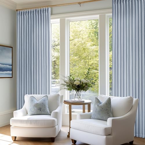 Image of Dusty Blue Pinch Pleated Semi Sheer Linen Curtains 120 Inch Length