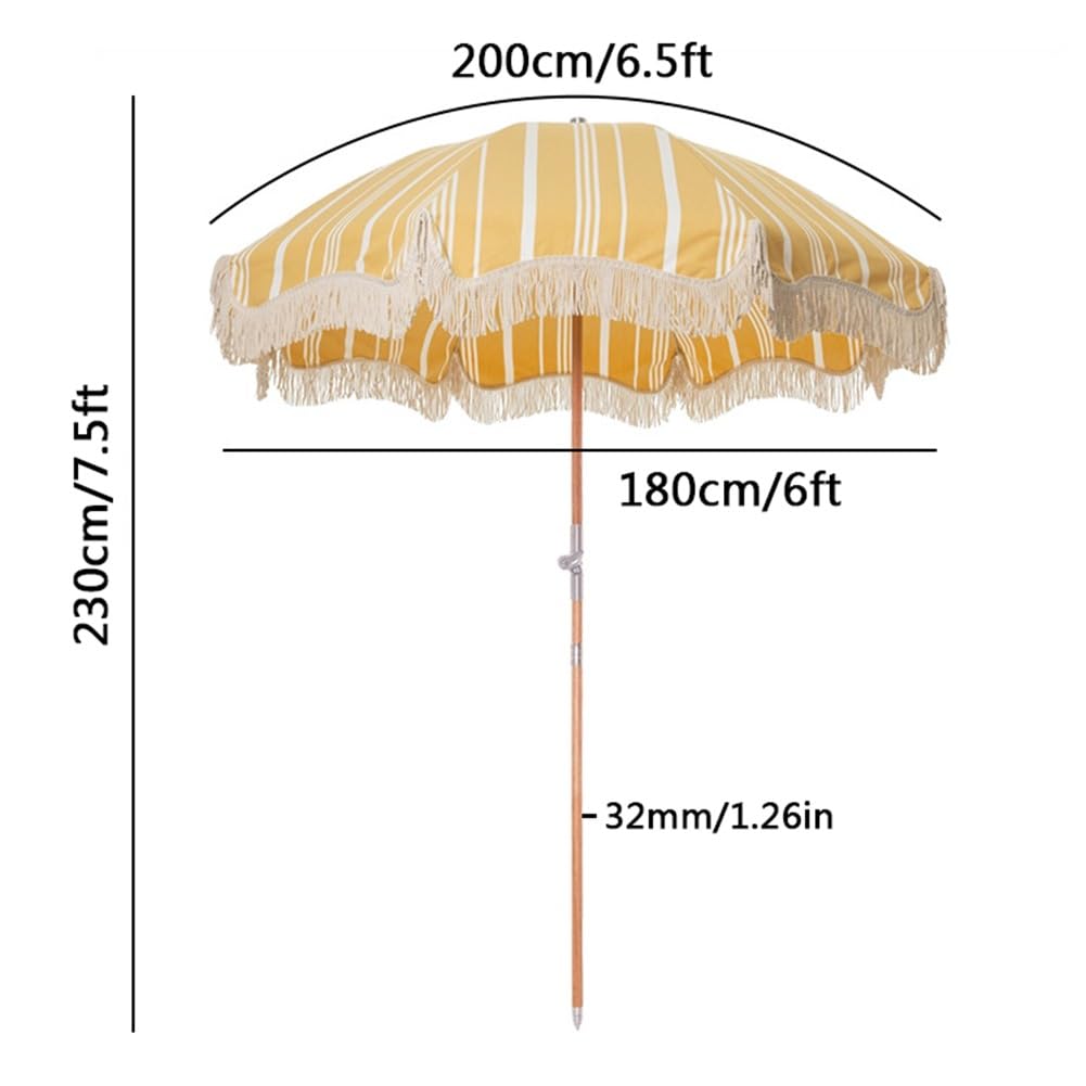 Duży Parasol Plażowy 6,5 Stopy Z Frędzlami, Uchylny, Paskowany Parasol Tarasowy Z Drewnianym Drążkiem, Ochrona Uv, Przenośny, Ogrodowy, Z Frędzlami I Torbą Transportową