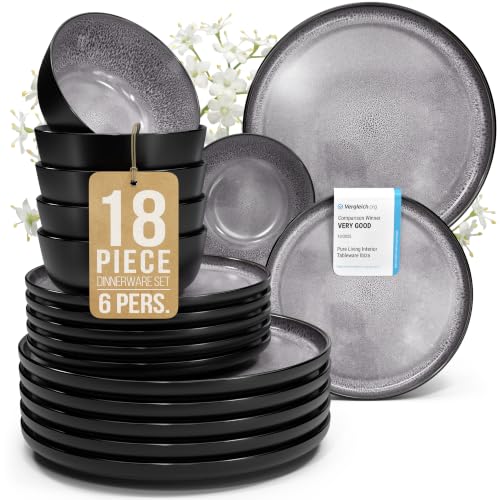 Image of 18 Piece Stoneware Dinnerware Set for 6, Handmade Plates and Bowls Set