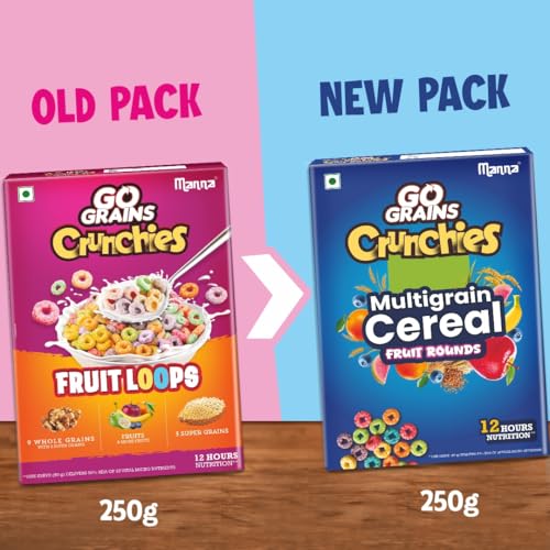 Image of Manna Fruit Rounds Multigrain Breakfast Cereal for Kids. No Maida, Made with 9 Grains. Fortified Cereal with 50% RDA of 23 Essential Vitamins and Minerals in every bowl. 250g