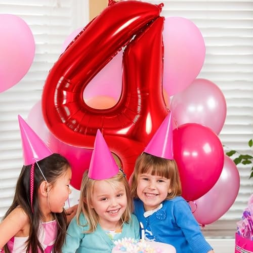 Image of Red 4 Number Foil Balloon with Crown & Base Balloons | 32 Inch Helium Supported for Birthday, Anniversary, Baby Shower Decoration - Pack of 14