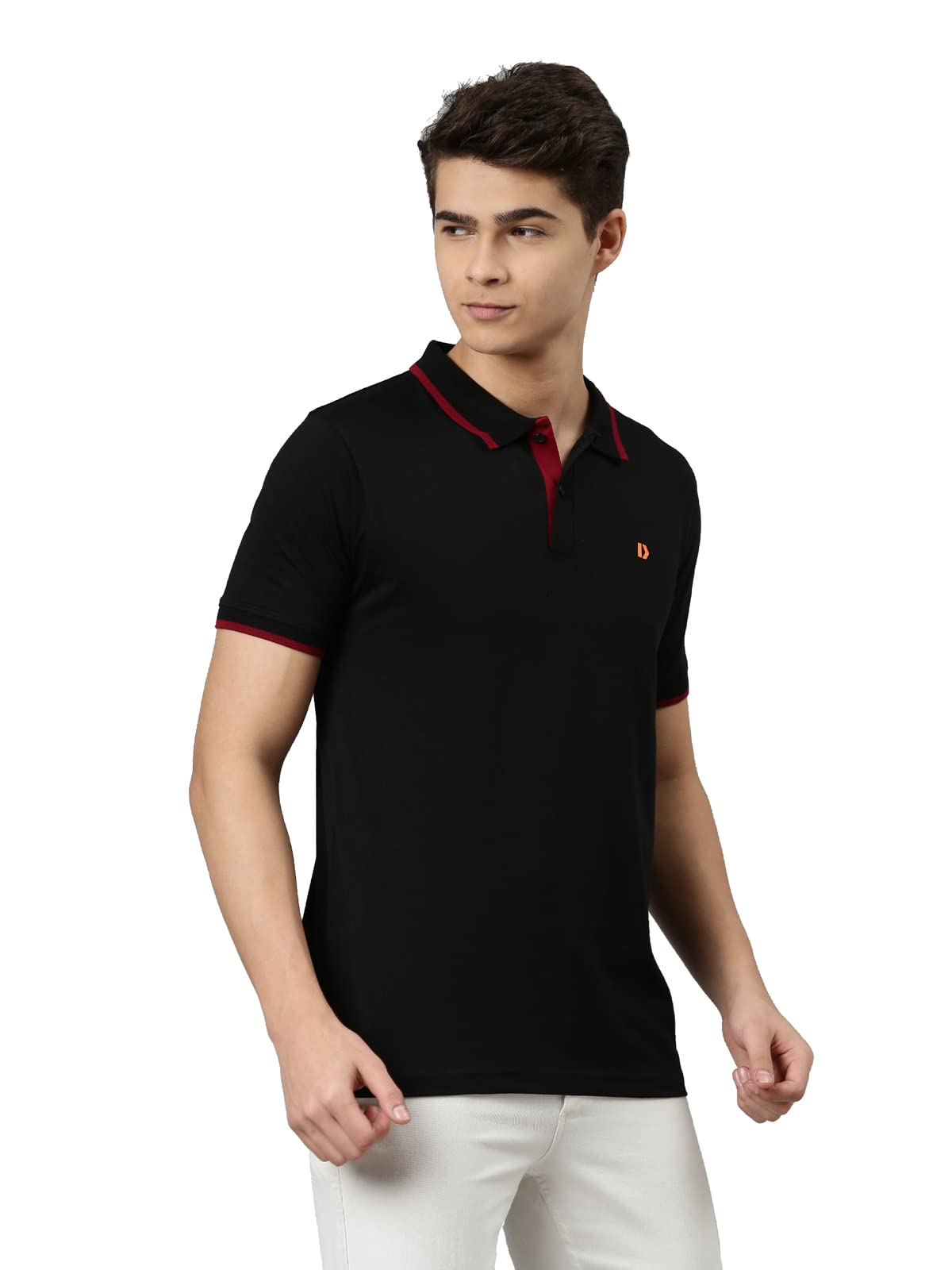 Dixcy Scott Originals Mens Regular Fit Polo Neck Short Sleeves Cotton T-Shirt(Jet Black and Black Beauty with Red Collar Tapping)-L 1