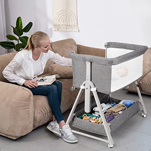 Cowiewie Baby Bassinets,Bedside Sleeper For Baby/Infants With Storage Basket, Easy To Assemble Bassinet For Newborn/Infant, Adjustable Bedside Crib,Safe Portable Baby Bed,Travel Bag Included(Grey) #TOP6