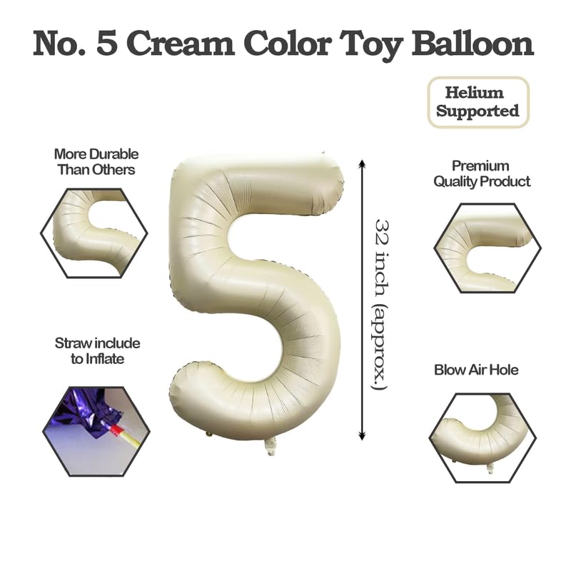 Image of Cream Color 32 Inch Number Helium Foil Balloon For Birthday Decoration Items | Number foil Balloon 5 | Anniversary Decoration Items | Pack of 14