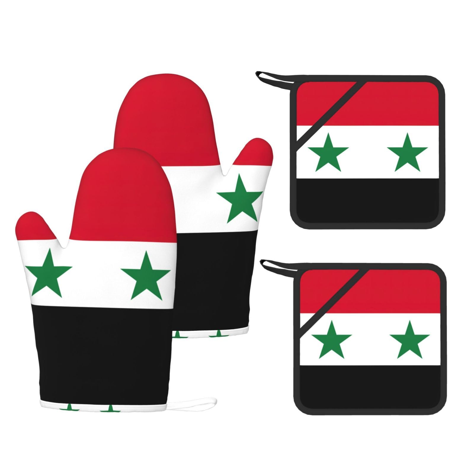 Flag of the Syrian Arab Republic Printed Kitchen Oven Gloves and Potholder 4 Pcs, Non-Slip Heat Resistant Mitts for Baking Chef
