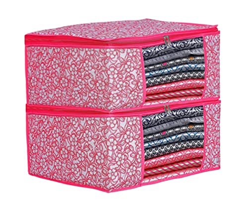 Image of ANKIT INTERNATIONAL Saree Cover Bag /Pink Phool Design Clothes Storage Organizer /Saree Covers For Storage /Pack of 2