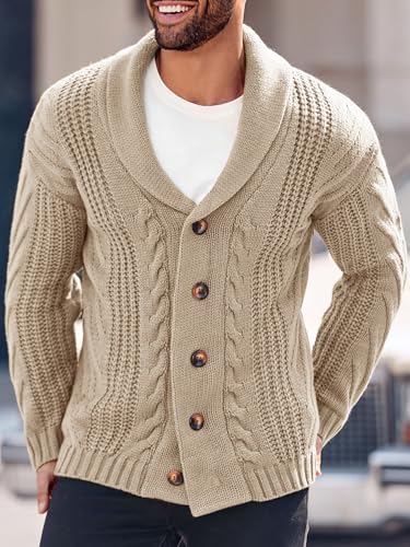 Image of Karlywindow Mens Cardigan Sweater Cable Knit Shawl Collar Cardigans