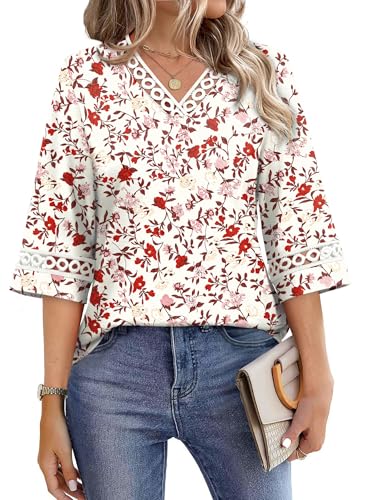 Image of WIHOLL Womens Tops Eyelet Lace V Neck 3 /4 Bell Sleeve Blouses Dressy Casual Work Shirt 2026 Summer Fall Fashion Clothing