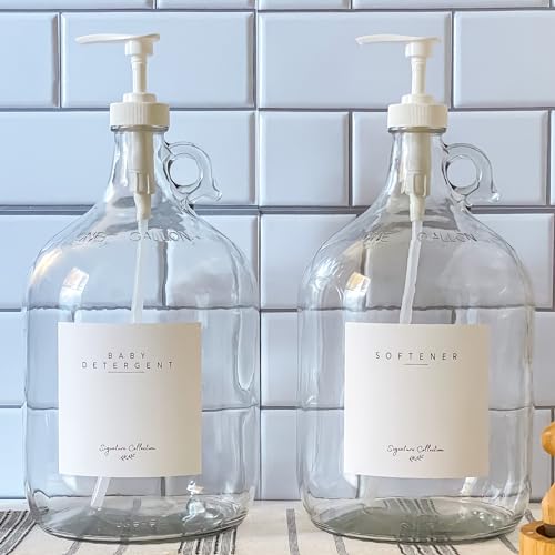 Image of Laundry Detergent Dispenser for Laundry Room - Two One Gallon Glass Jugs with White Liquid Pumps, Fabric Softener, Liquid Soap Dispenser or Bleach, 128 oz - Includes 4 Labels