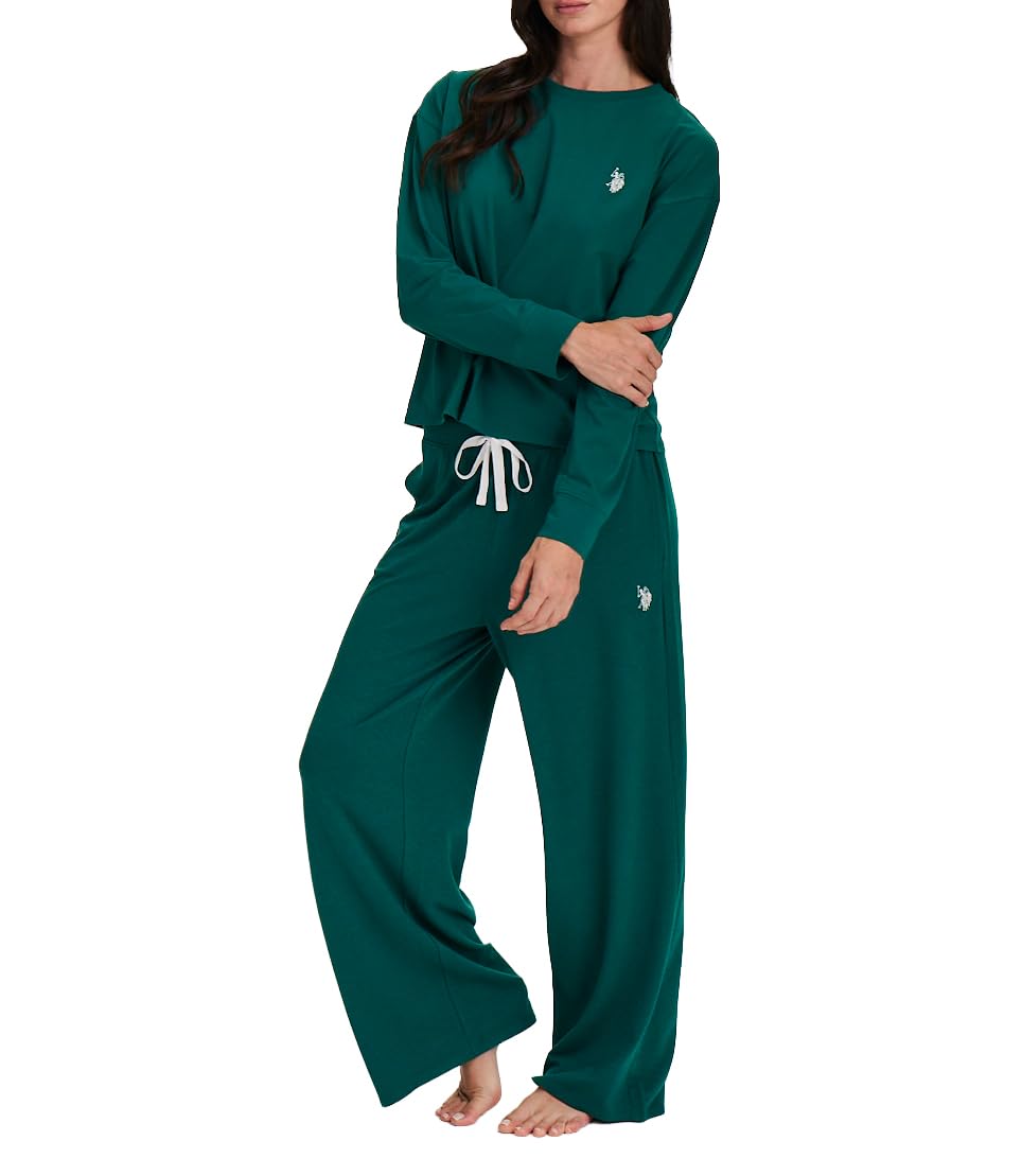 U.S. Polo Assn. Lounge Sets for Women, Tracksuit Sets for Women 2 Piece with Top and Wide Leg Sweatpants for Spring (Aventurine, Large)