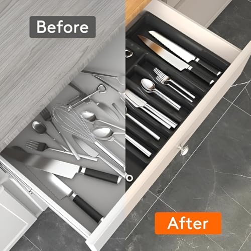 Image of Expandable Utensil Organizer for Kitchen Drawer - Adjustable Plastic Cutlery and Flatware Tray with 8 Compartments, BPA Free Silverware Holder for Spoons, Knives, Spatula and Cooking Tools