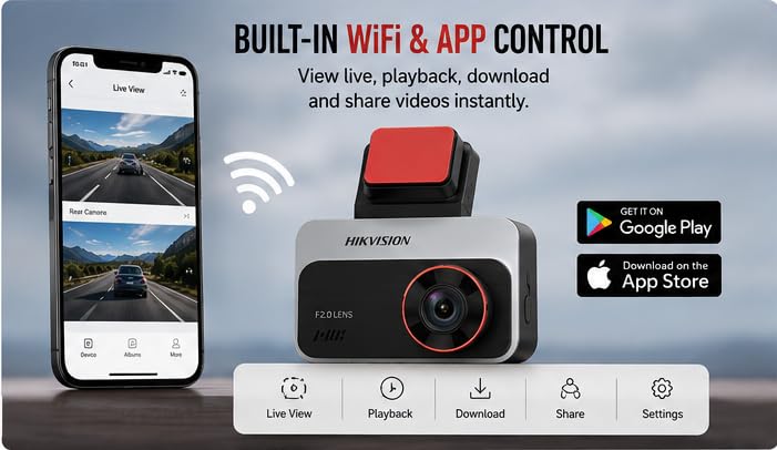 Image of HIKVISION Dual Channel Dash Camera | 1080P Full HD | 3'' IPS Display | Night Vision F2.0 Aperture | G-Sensor | 128 Wide Angle | Mic & Speaker | Loop Recording |Built-in WiFi|Supports 256GB|C200S