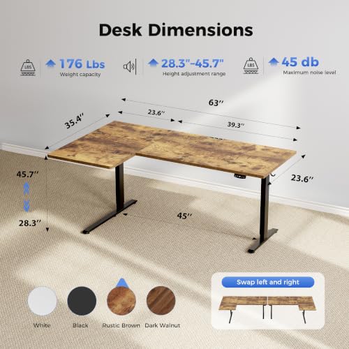 Image of Agilestic 63 Inch Reversible L Shaped Standing Desk, Electric Height Adjustable Desk with Memory Preset, Sit Stand Up Computer Workstation for Home Office, Splice Board, Rustic Brown