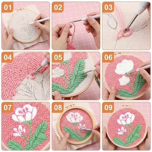 Image of PATPAT DIY Punch Needle Embroidery Kit, 8 Inch Floral Punch Needle Craft Set with Pre-Printed Fabric, Embroidery Hoop, Yarn & Punch Needle Tool, DIY Flower Tufting Starter Kit for Adults & Teens.