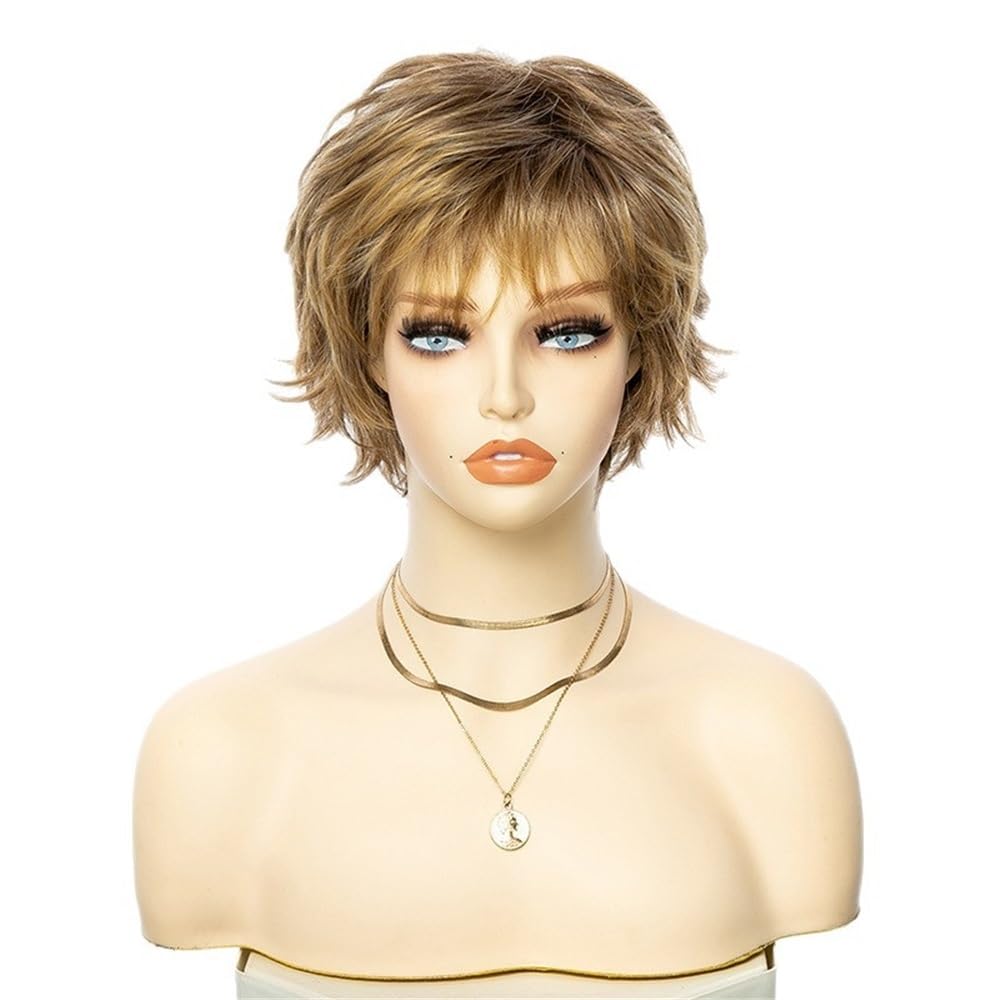 xiuling4568 8inch Short Hair Wigs for White Women, Brown Mix Blonde Highlights Pixie Cut Wig with Bangs Natural Layered Hairs Extensions