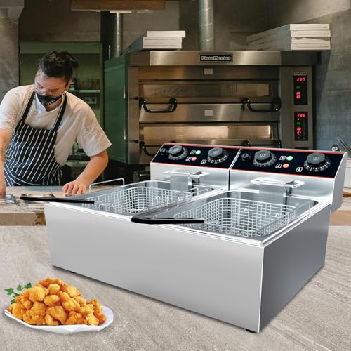 GarveeHome Commercial Deep Fryer with Basket, 11.55 QT/11 L Stainless Steel Electric Countertop Fryer with Double Tanks and Temperature Control for Restaurant and Home Use,1500 W+1500 W