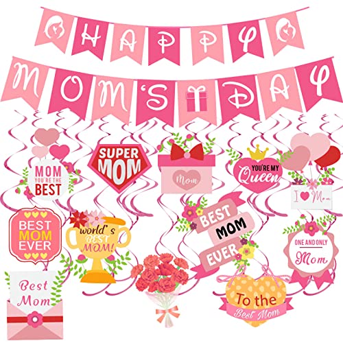 Mother’s Day Hanging Decorations 25PCS Mothers Day Decorations For Home Mom’s Day Hanging Swirl Foil Ceiling Decorations With Happy Mom’s Day Banner For Family Decoracion