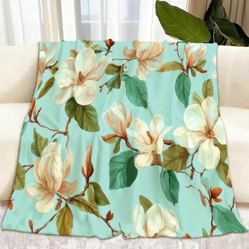 Manta Sofa Cama de Franela Esponjoso 180 x 200 cm Plantas De Campo Flores De Magnolia Manta Polar Microfibre, Verde Azulado Transpirable Cálida Suave y Acogedora Mantas de Regalo para Mujer y Infantil