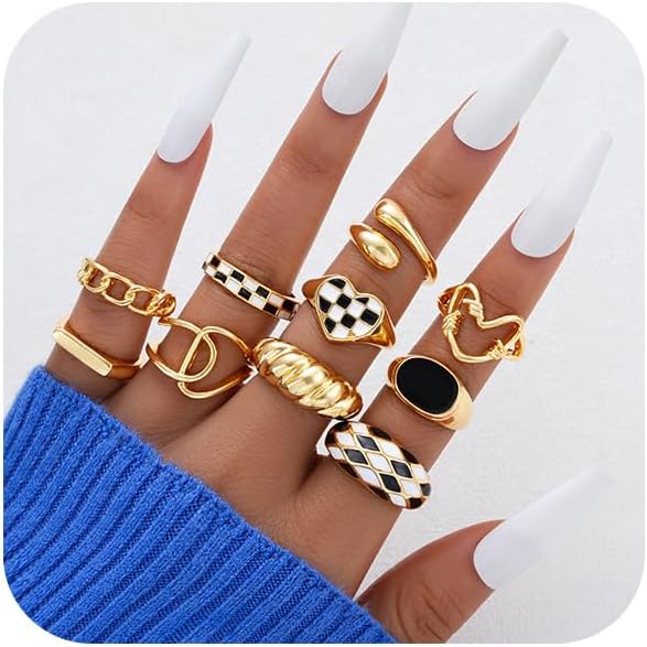 ÌF ME 10 PCS Gold Rings Set for Women Non Tarnish, 18K Gold Plated Chunky Stackable Rings, Statement Stacking Womens Ring Pack