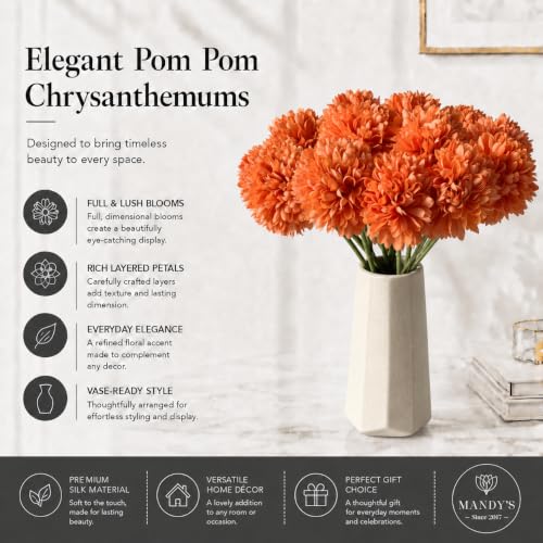 Image of Mandy's 12pcs Artificial Orange Ball Chrysanthemum Flowers