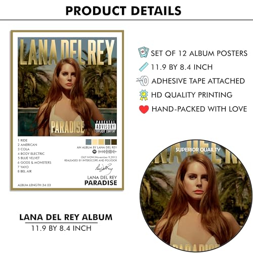Image of Thepaper9store Pack of 12 - Lana Del Rey Music Album Art Wall Posters 8.2x11.8 inch Adhesive Tape Attached, Music Poster, Wall Art For Bedroom, Living room, Office
