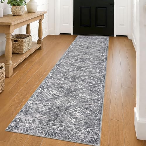 KILOCOCO Hallway Runner Rug 2'x8' Runners for Hallways Washable Runner Rug Non Slip Rubber Backed Low-Pile Runners for Bedroom Kitchen Living Room Laundry Room Boho Rugs, Grey