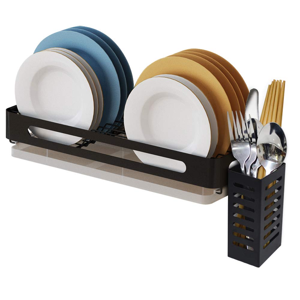 junyuan Dish Drying Rack Wall Mounted,Hanging Dish Drying Rack with Utensil Holder,Kitchen Storage Plate Rack with Drain Board,Durable Stainless Rust Proof Black
